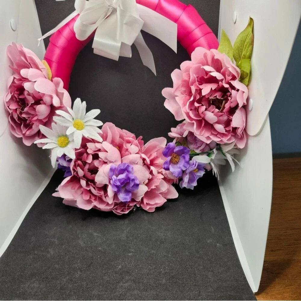 Hand Crafted Pink Peony Daisy Floral Wreath Summer Door Wall Decoration